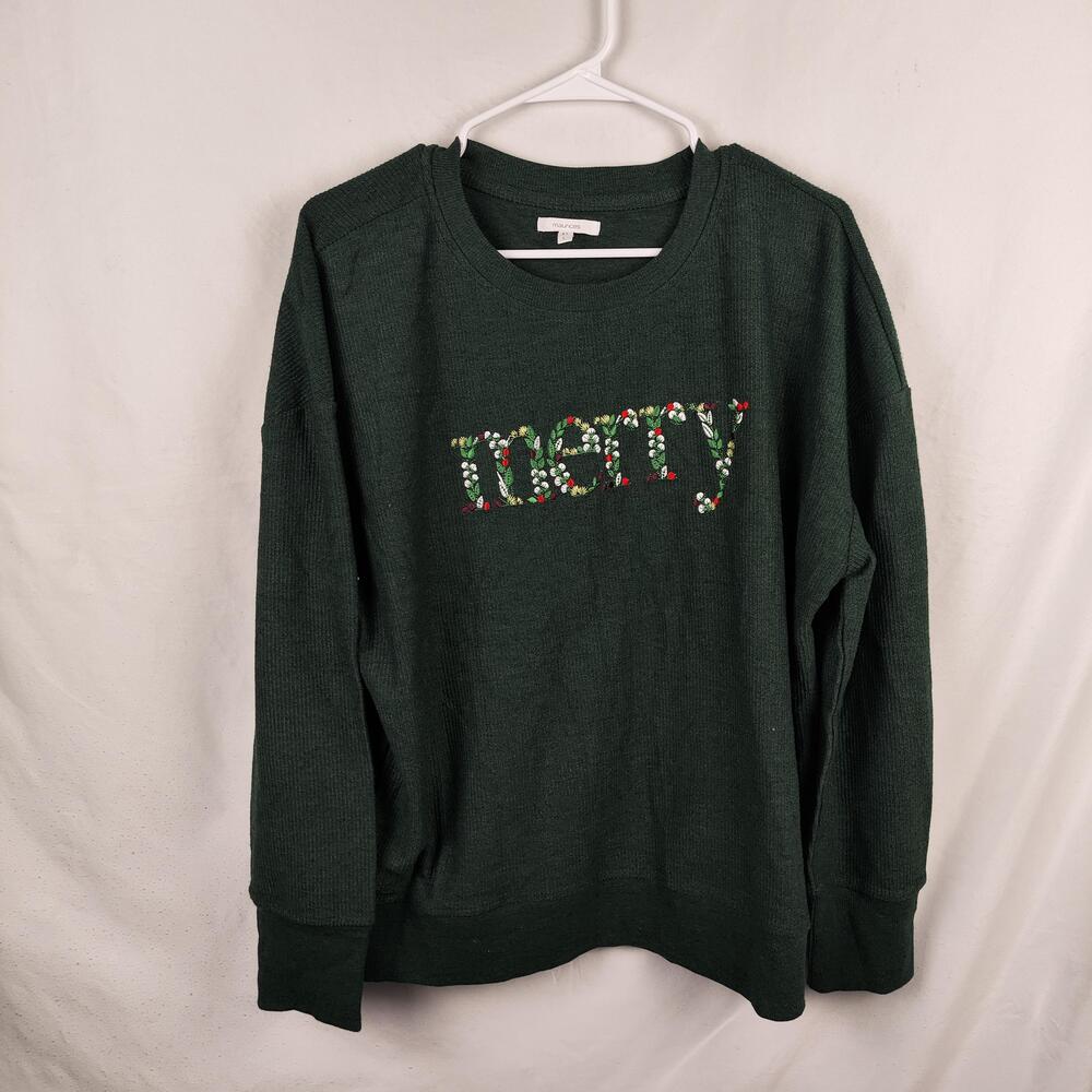 Maurices Sweater Womens Large Green Merry Embroidered Thermal Knit Christmas